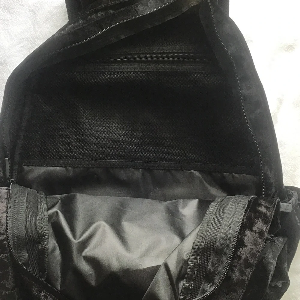 PINK Victoria's Secret Black Velvet Backpack with Gold Logo,PINK VS collegiate